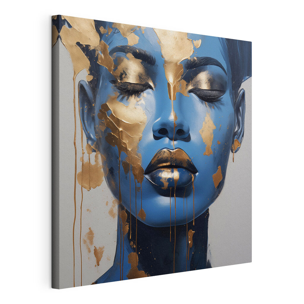 Portrait bleu, éclats d’or, toile tendue et bord enveloppé