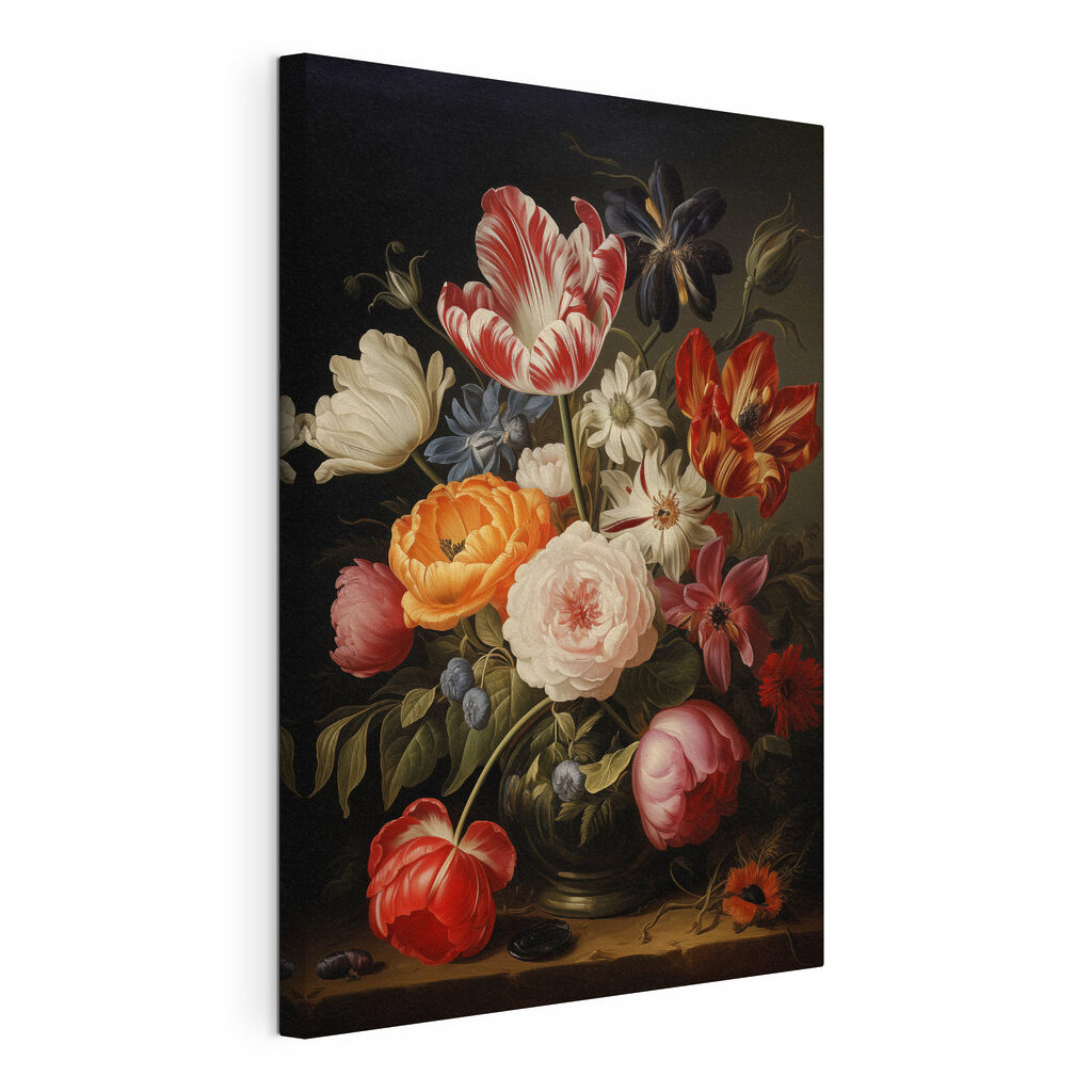 Bouquet sur fond sombre, toile tendue et bord enveloppé