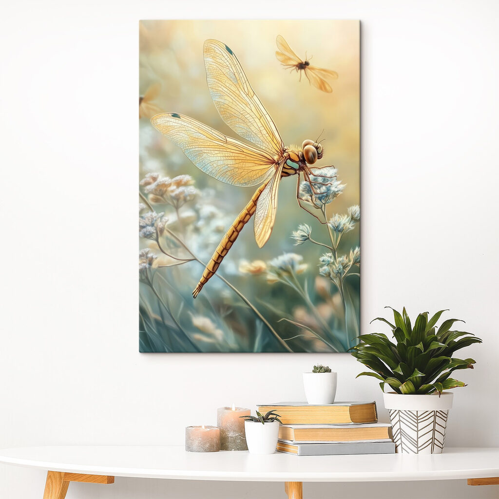 Libellule sur fleurs sauvages dans un intérieur