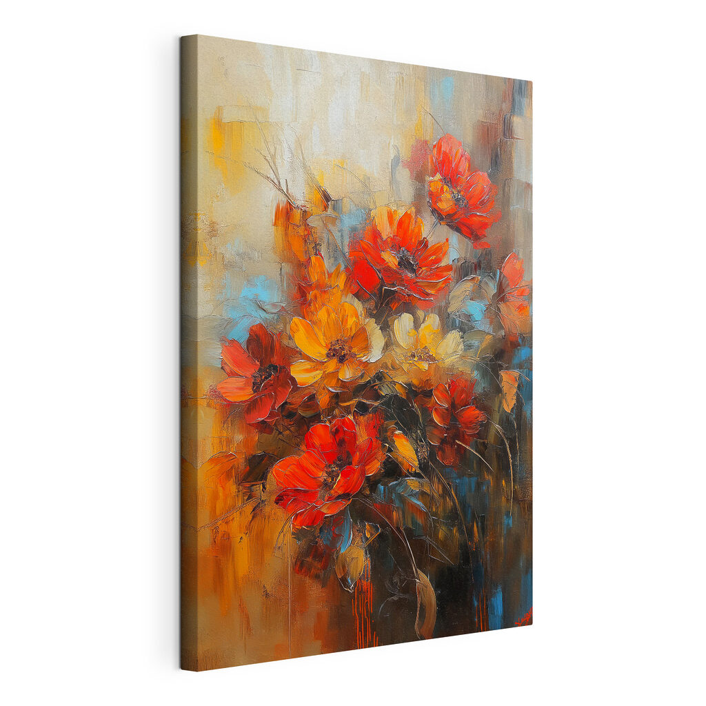 Fleurs d’automne, touches d’ocre, toile tendue et bord enveloppé