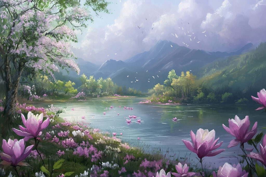 Lac encadré de fleurs — motif complet