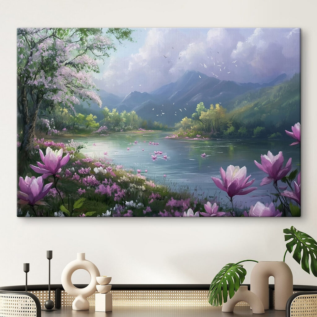 Lac encadré de fleurs dans un intérieur
