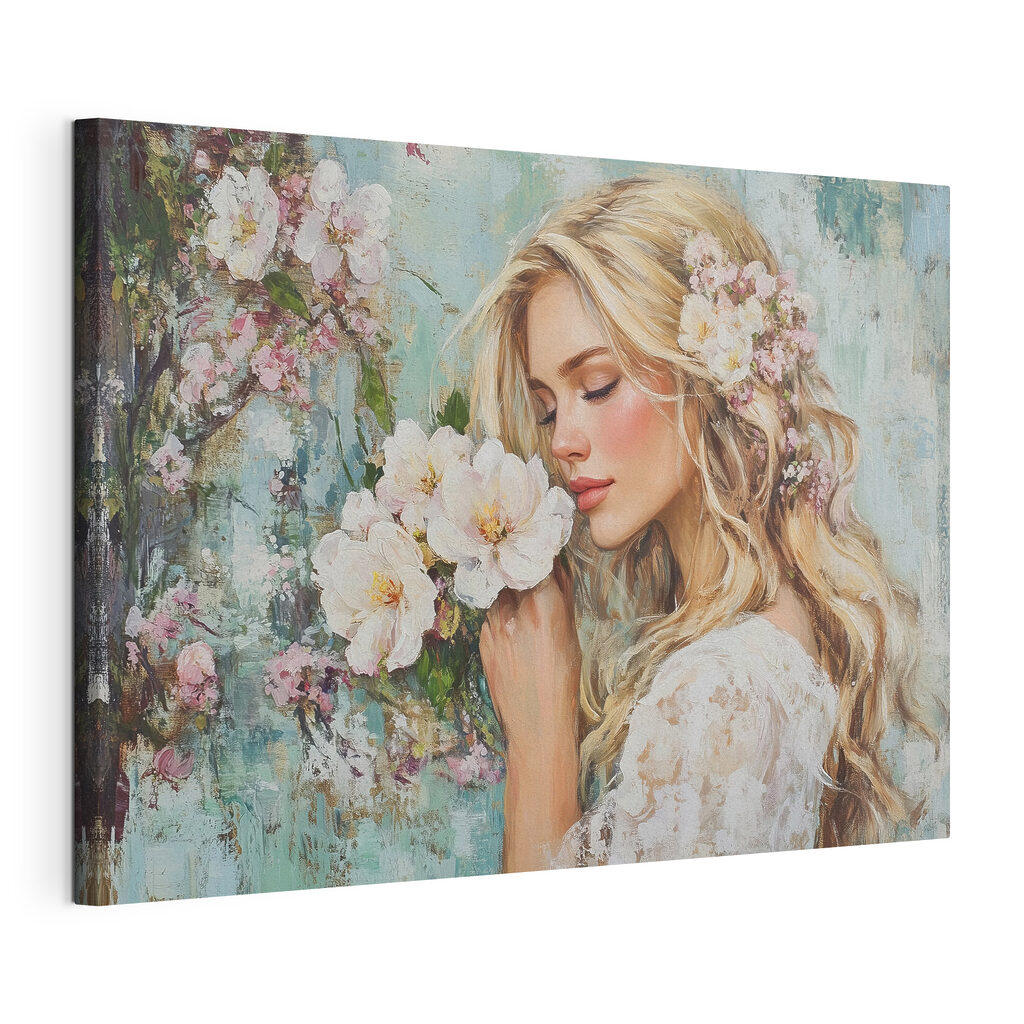 Fleur contre la joue, toile tendue et bord enveloppé