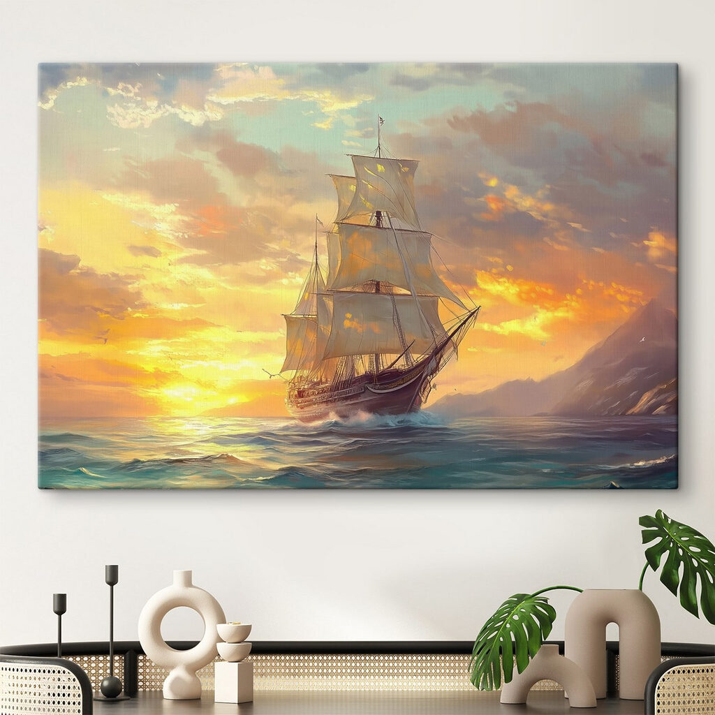 Voilier au soleil couchant dans un intérieur