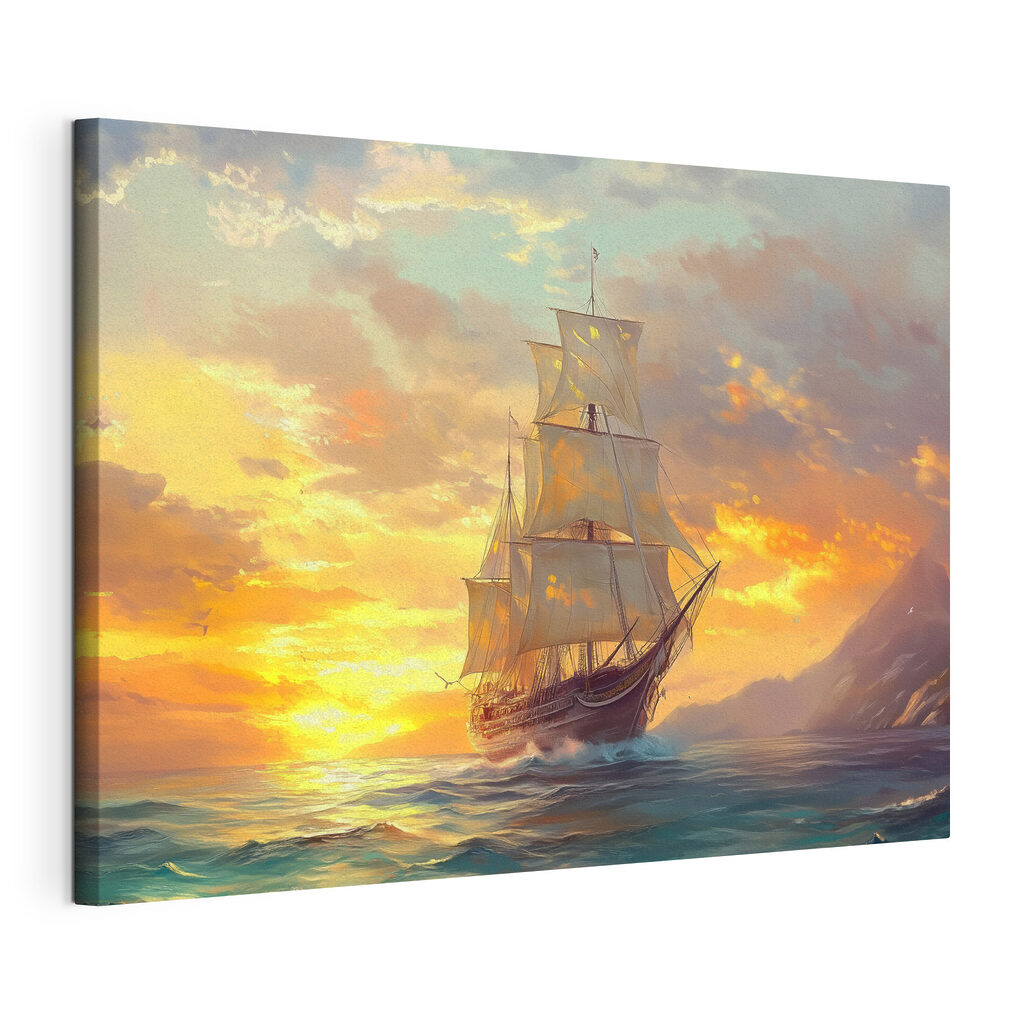 Voilier au soleil couchant, toile tendue et bord enveloppé