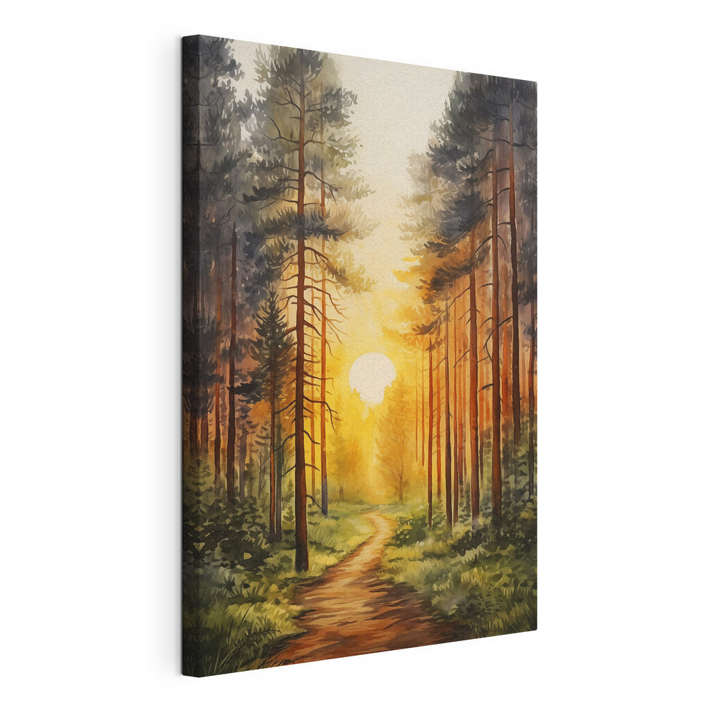 Soleil entre les troncs, toile tendue et bord enveloppé