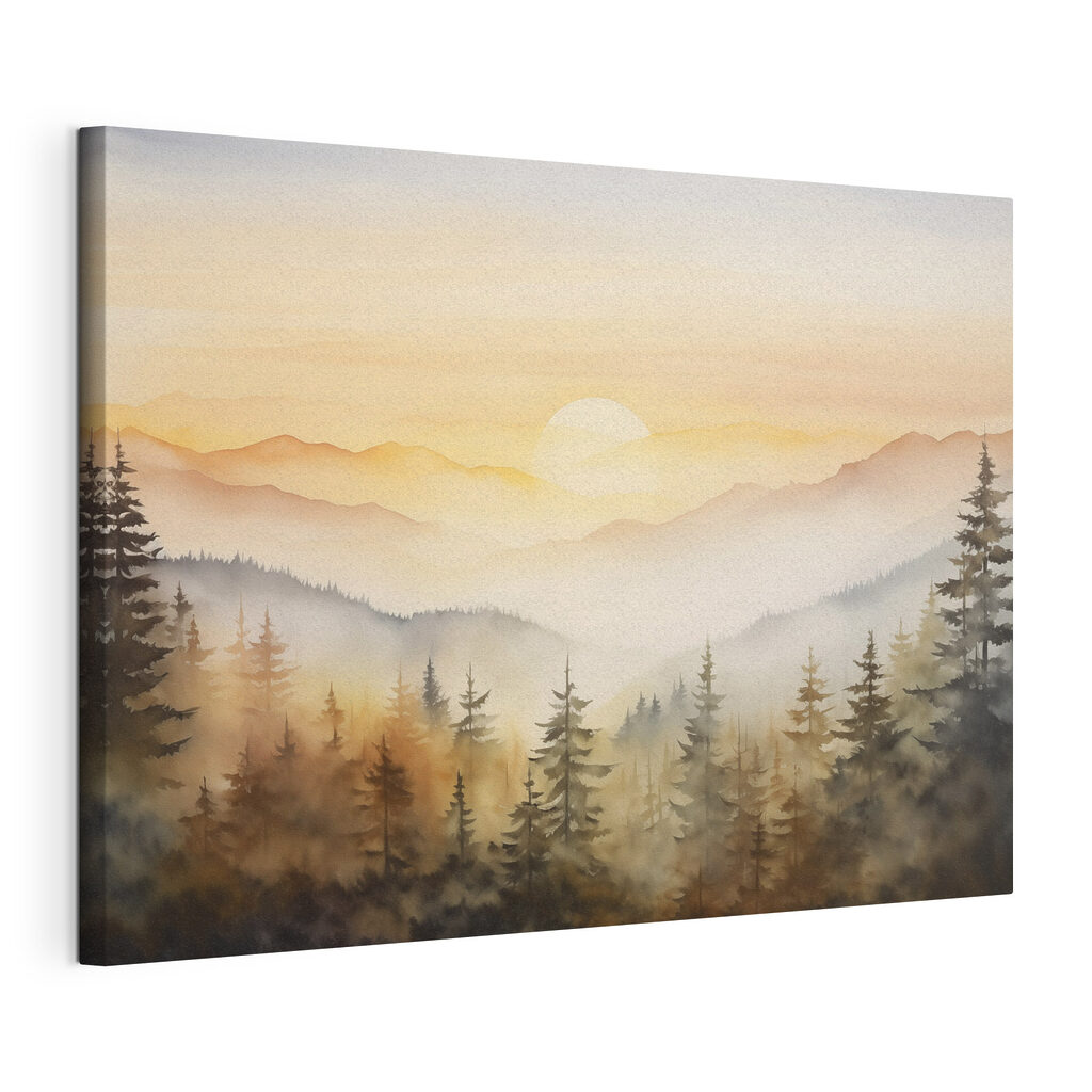 Pins au soleil levant, toile tendue et bord enveloppé