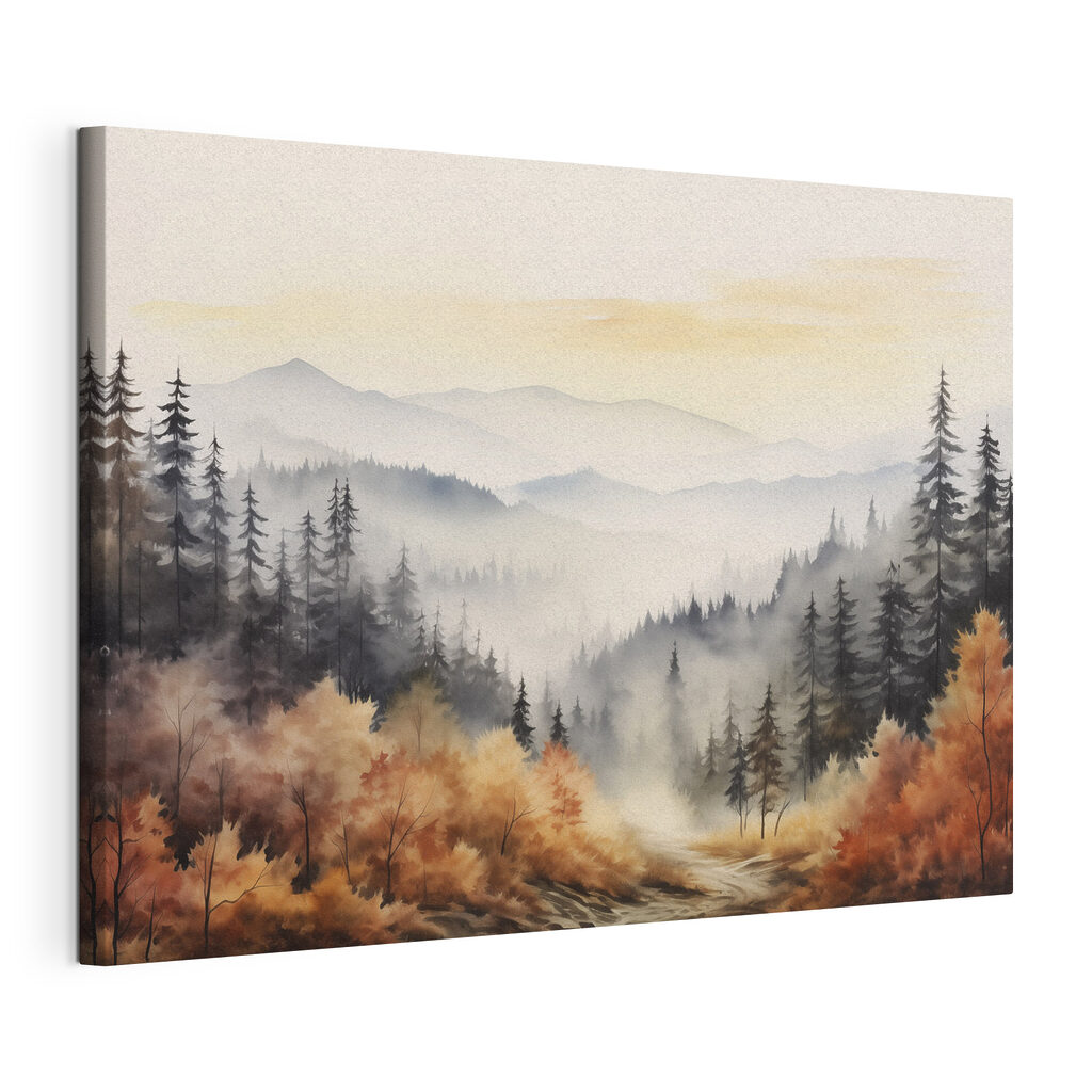 Buissons d’automne, pins gris, toile tendue et bord enveloppé