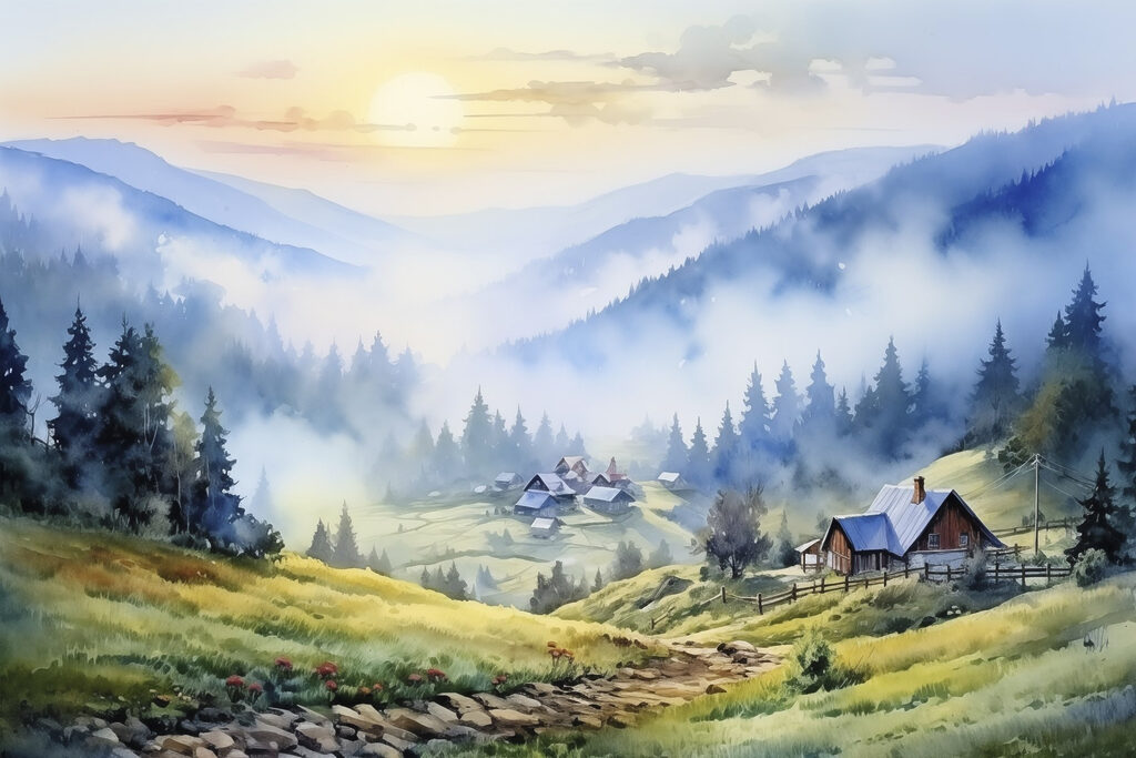 Chalets et brume matinale — motif complet