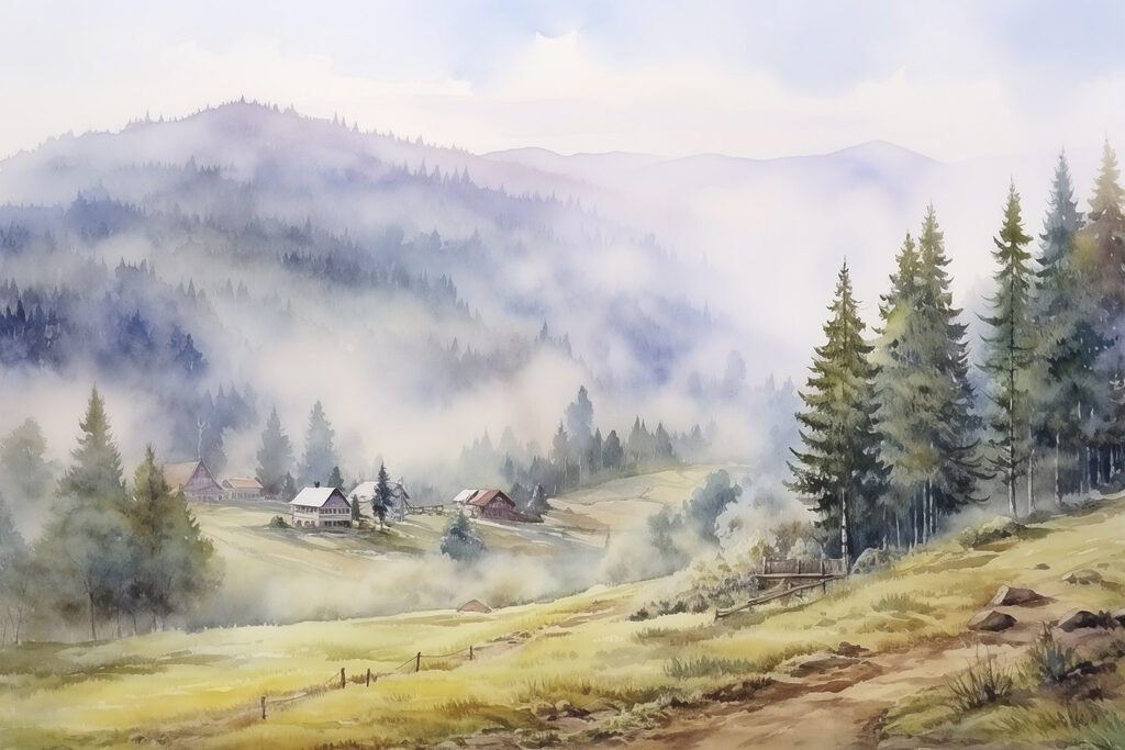 Chalets dans la brume — motif complet