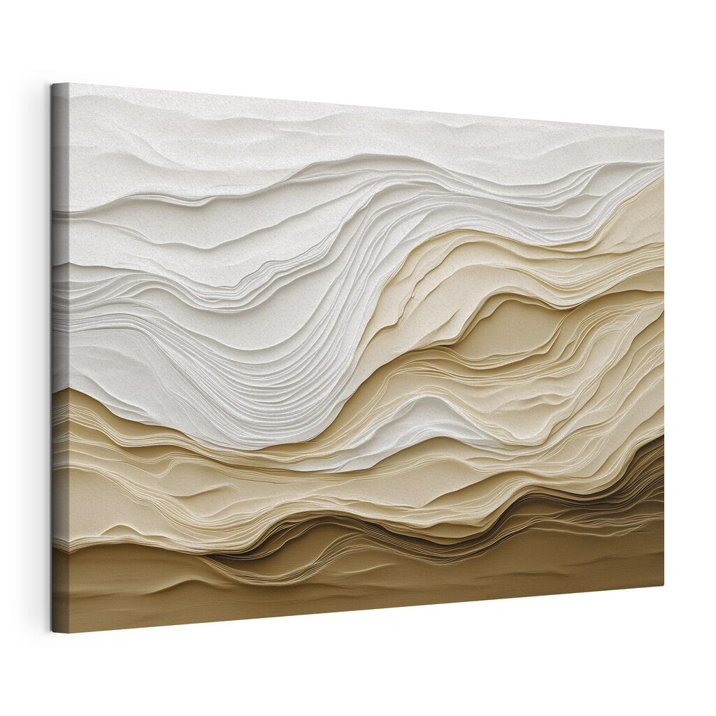 Strates ondulantes, tons sable, toile tendue et bord enveloppé