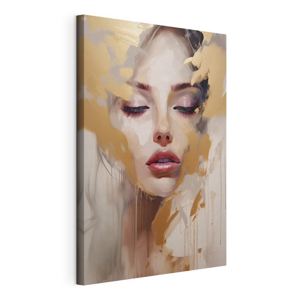 Visage aux paillettes d’or, toile tendue et bord enveloppé