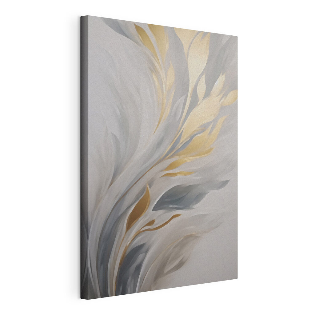 Feuilles d’or sur gris, toile tendue et bord enveloppé