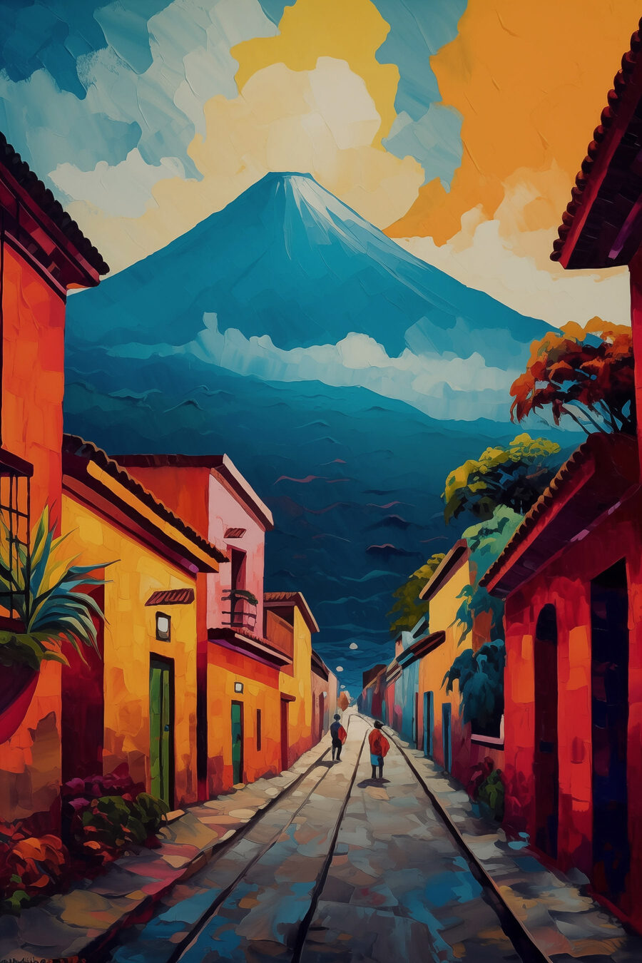 Ruelle et volcan bleu — motif complet