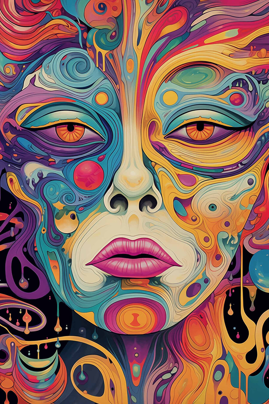 Visage aux boucles colorées — motif complet