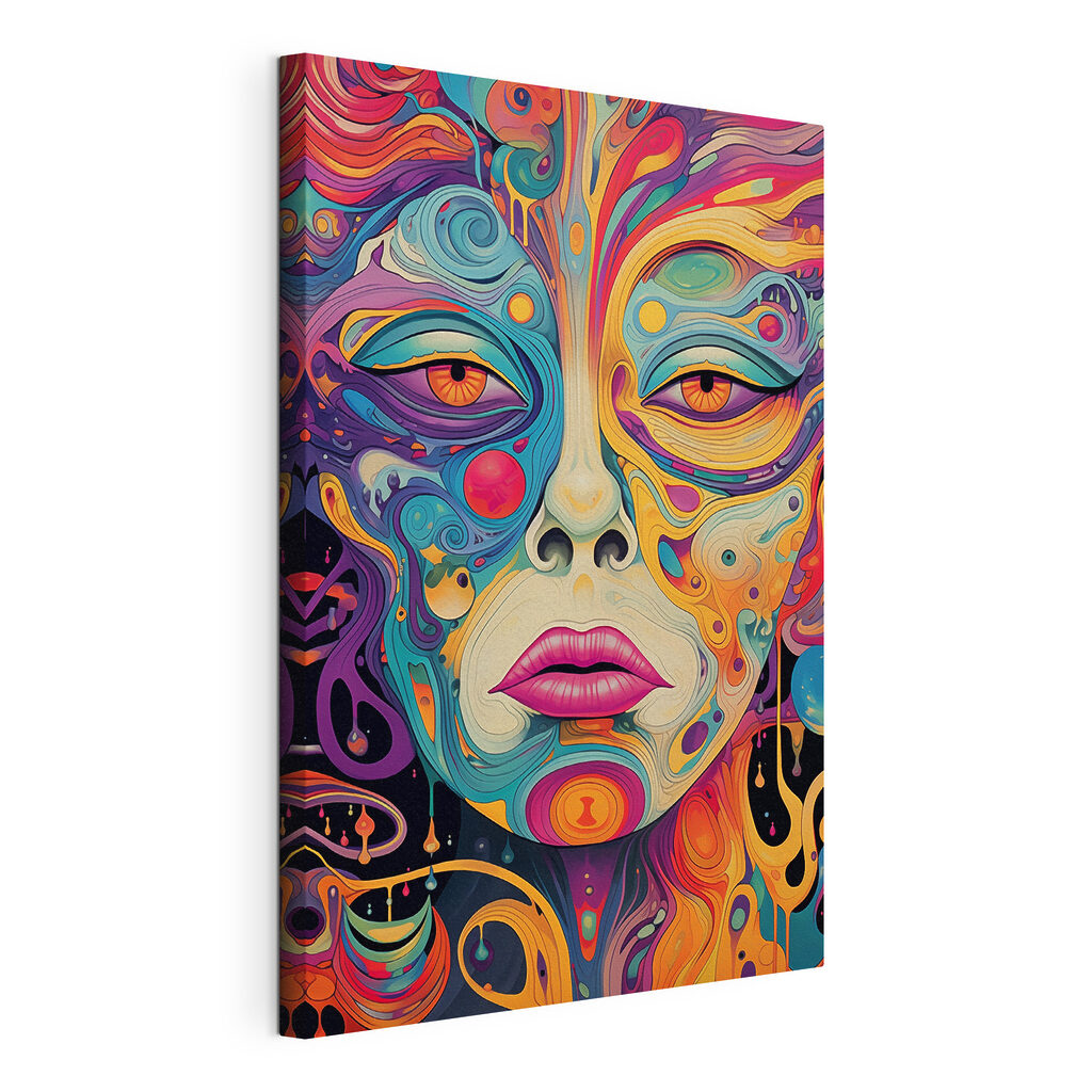 Visage aux boucles colorées, toile tendue et bord enveloppé