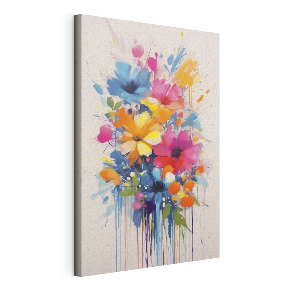 Bouquet éclaboussé de couleurs, toile tendue et bord enveloppé