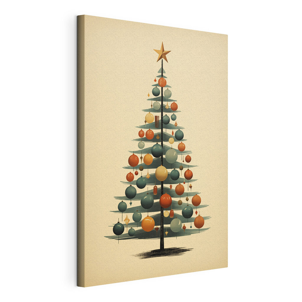 Sapin aux boules colorées, toile tendue et bord enveloppé