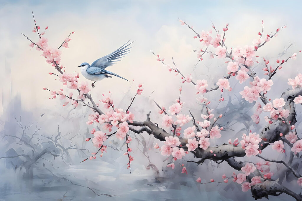 Hirondelle sur branche fleurie — motif complet