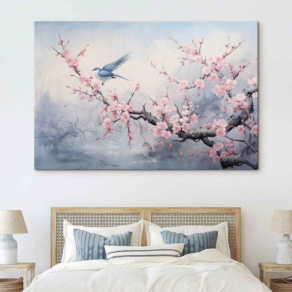 Hirondelle sur branche fleurie dans un intérieur