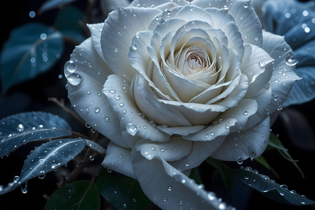 Rose blanche et rosée — motif complet