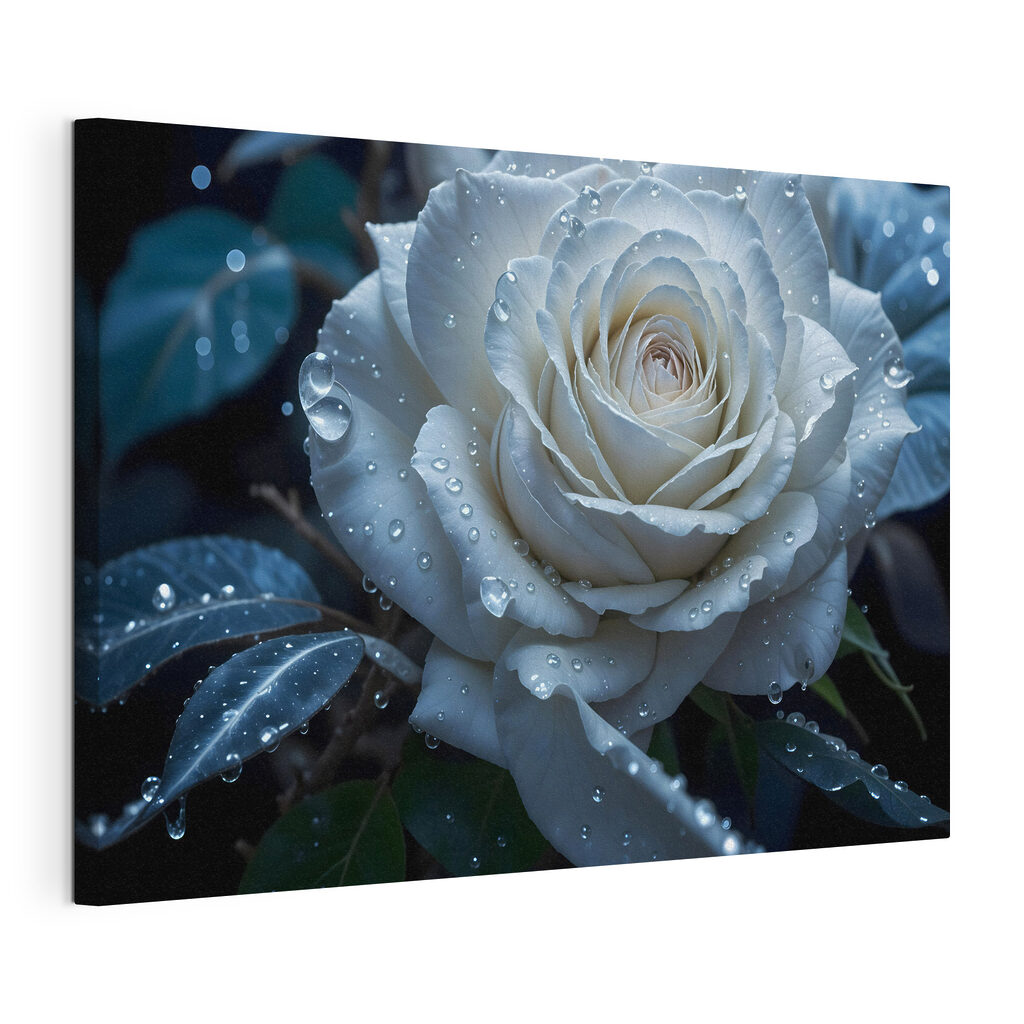 Rose blanche et rosée, toile tendue et bord enveloppé