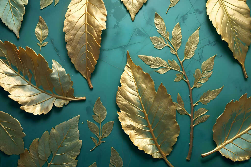 Feuilles dorées sur turquoise — motif complet