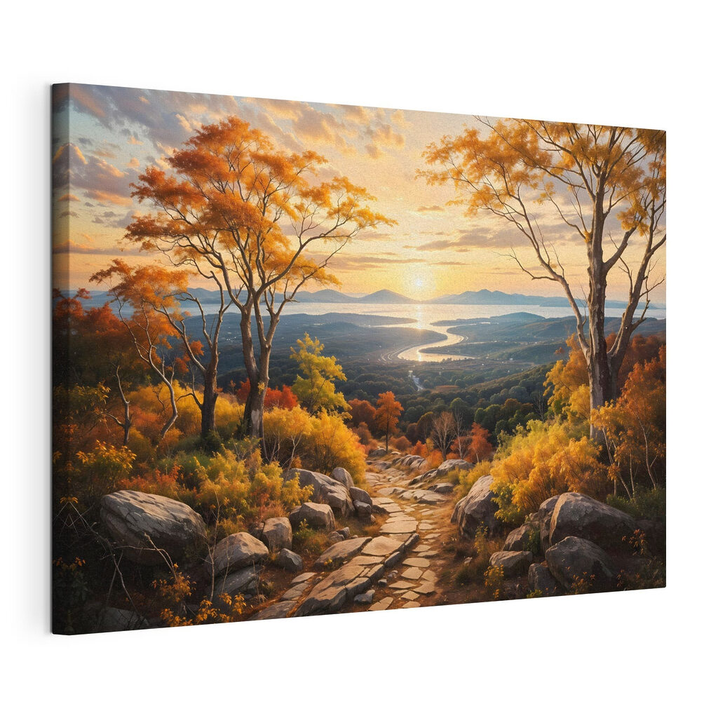Sentier d’automne, rivière dorée, toile tendue et bord enveloppé