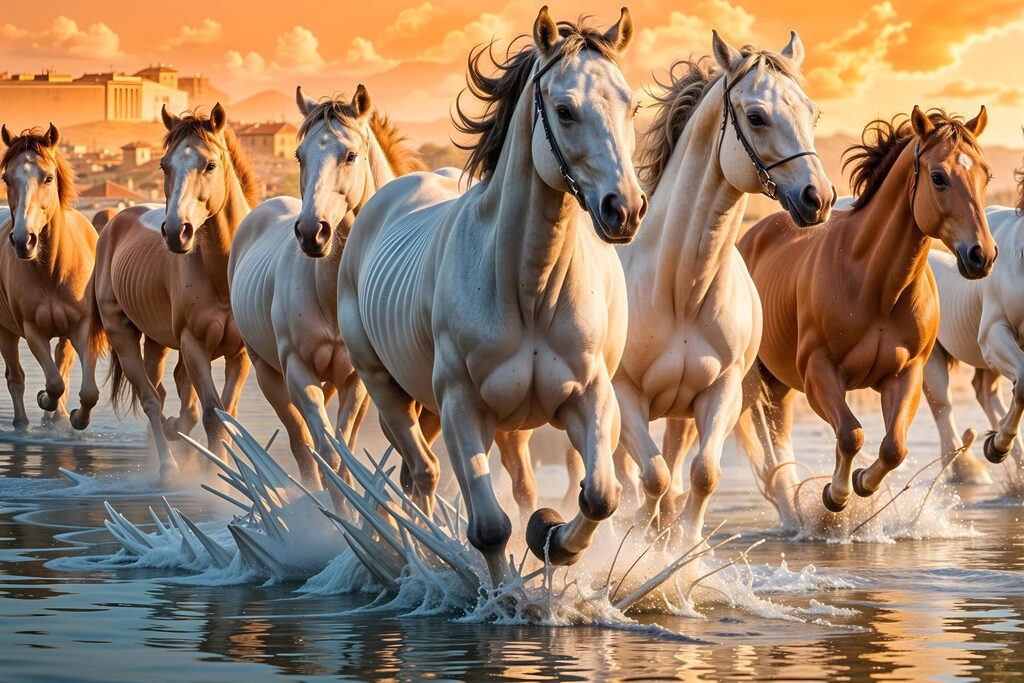 Chevaux dans l’eau dorée — motif complet