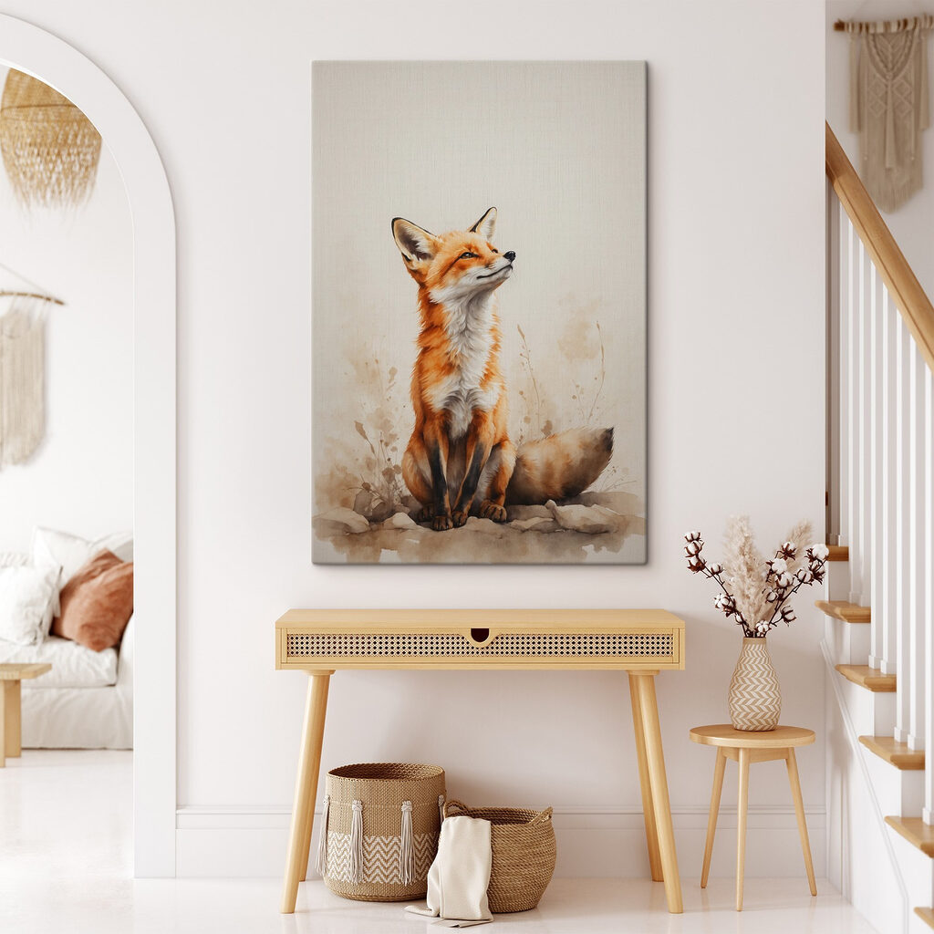 Renard au regard levé dans un intérieur