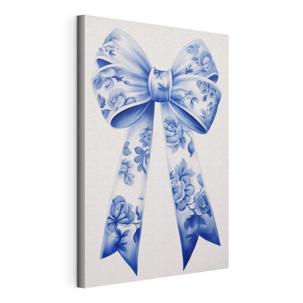 Nœud aux fleurs bleues, toile tendue et bord enveloppé
