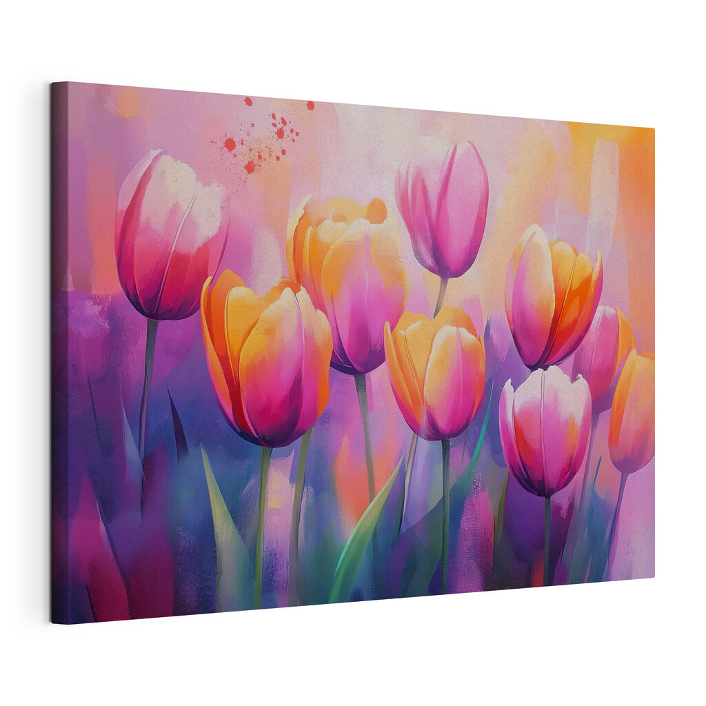 Tulipes au soleil rose, toile tendue et bord enveloppé