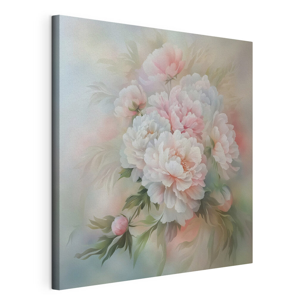 Pivoines aux tons pastel, toile tendue et bord enveloppé