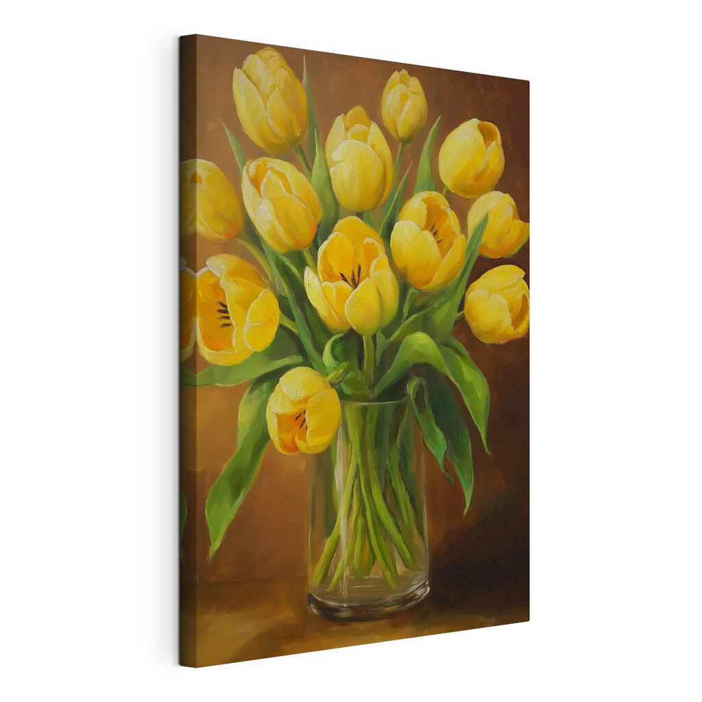 Tulipes jaunes sur brun, toile tendue et bord enveloppé