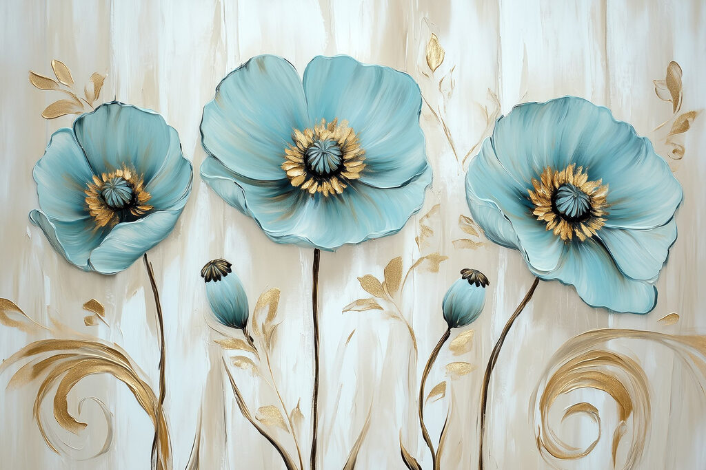 Fleurs bleues, tiges dorées — motif complet