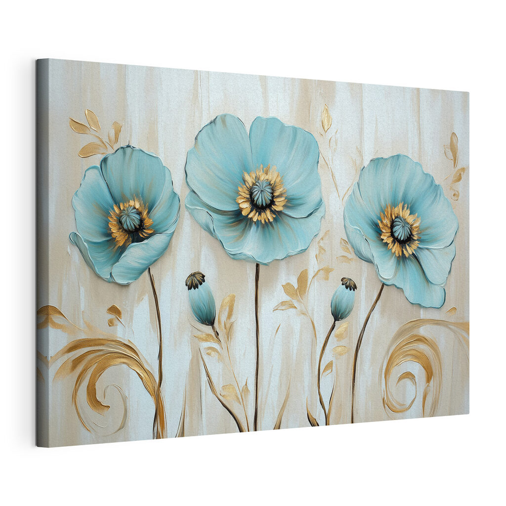 Fleurs bleues, tiges dorées, toile tendue et bord enveloppé