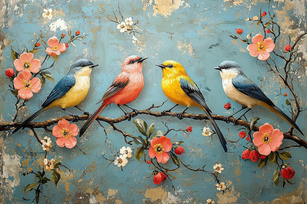 Quatre oiseaux, branche fleurie — motif complet