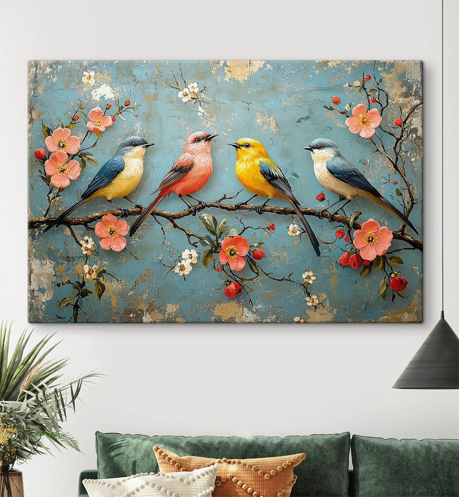 Quatre oiseaux, branche fleurie — intérieur 1