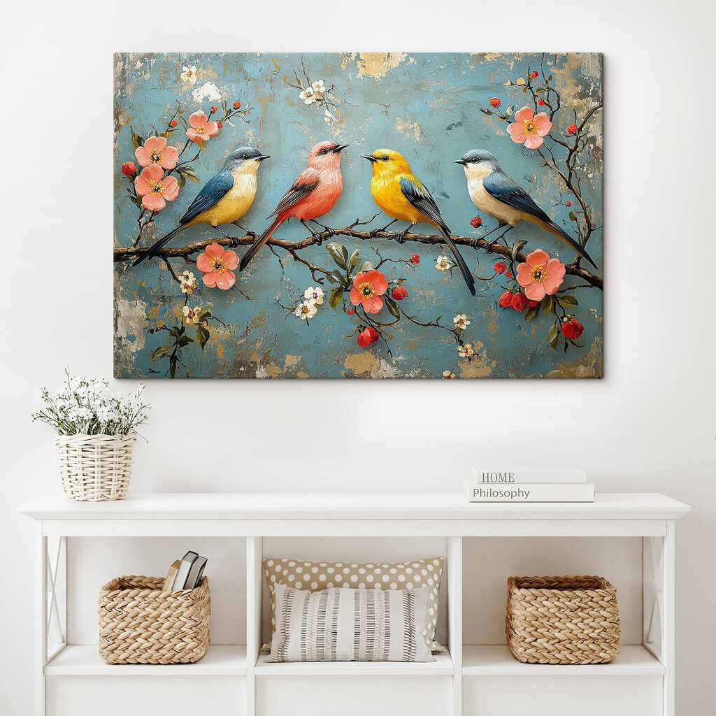 Quatre oiseaux, branche fleurie — intérieur 2