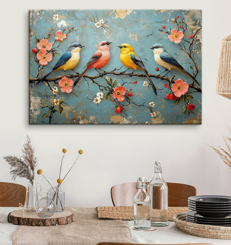 Quatre oiseaux, branche fleurie — intérieur 3