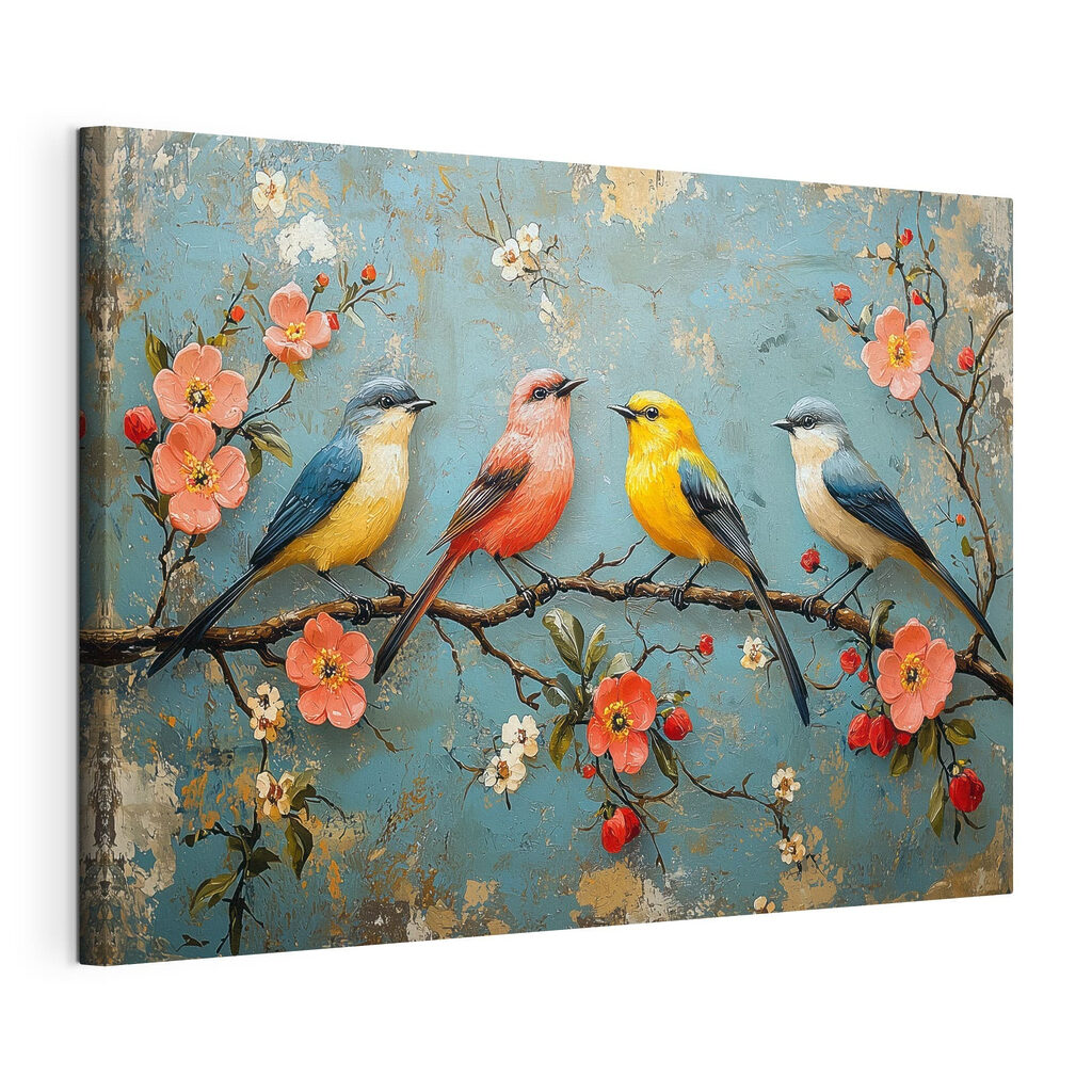 Quatre oiseaux, branche fleurie, toile tendue et bord enveloppé