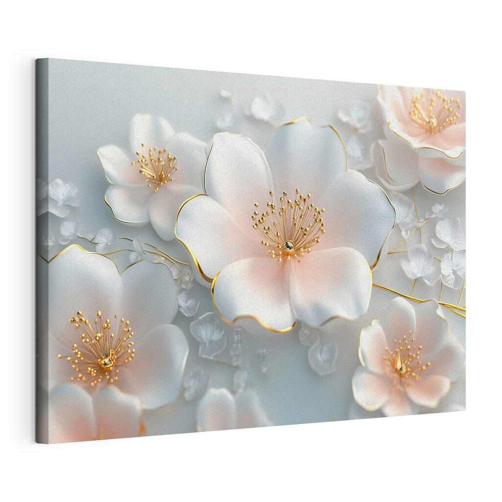 Fleurs aux étamines dorées, toile tendue et bord enveloppé