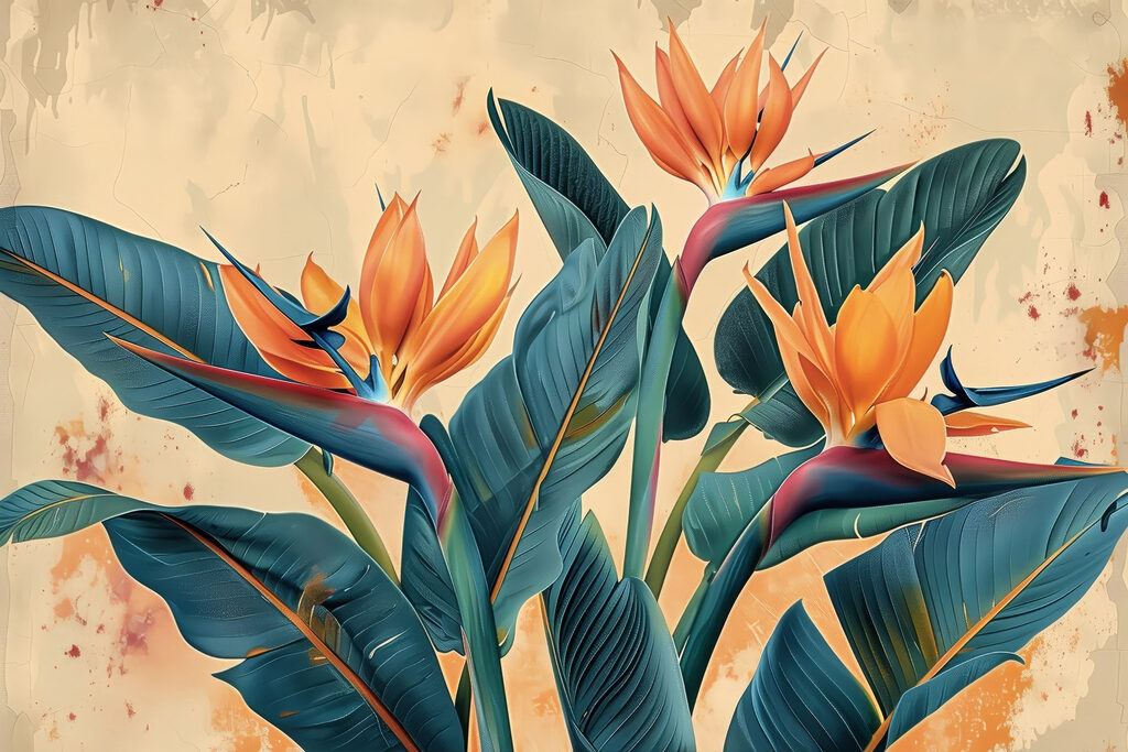 Strelitzias aux feuilles bleu-vert — motif complet