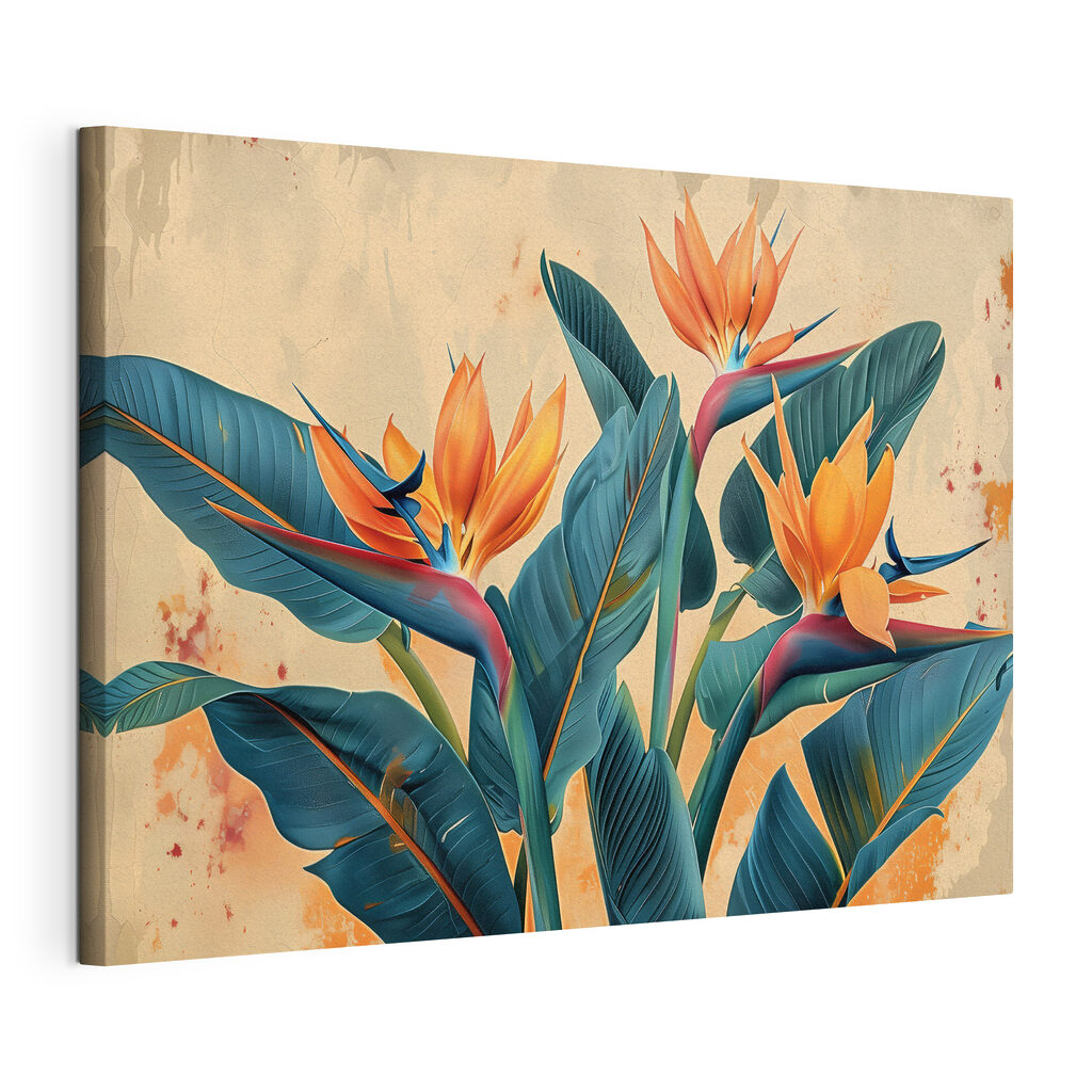 Strelitzias aux feuilles bleu-vert, toile tendue et bord enveloppé