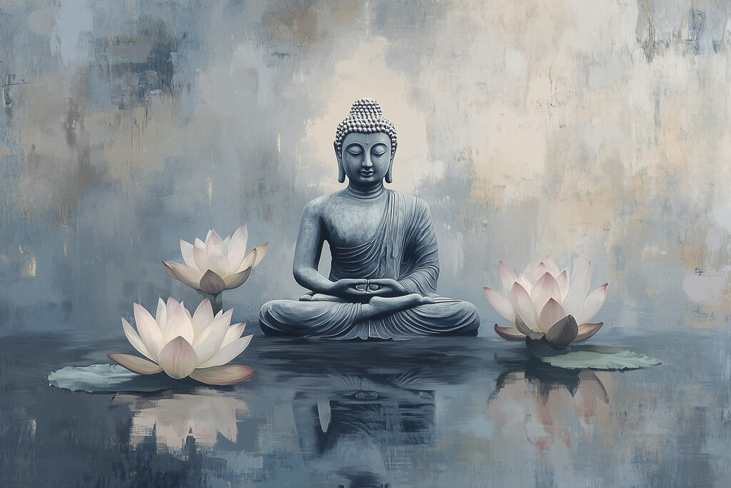 Bouddha entre trois lotus — motif complet