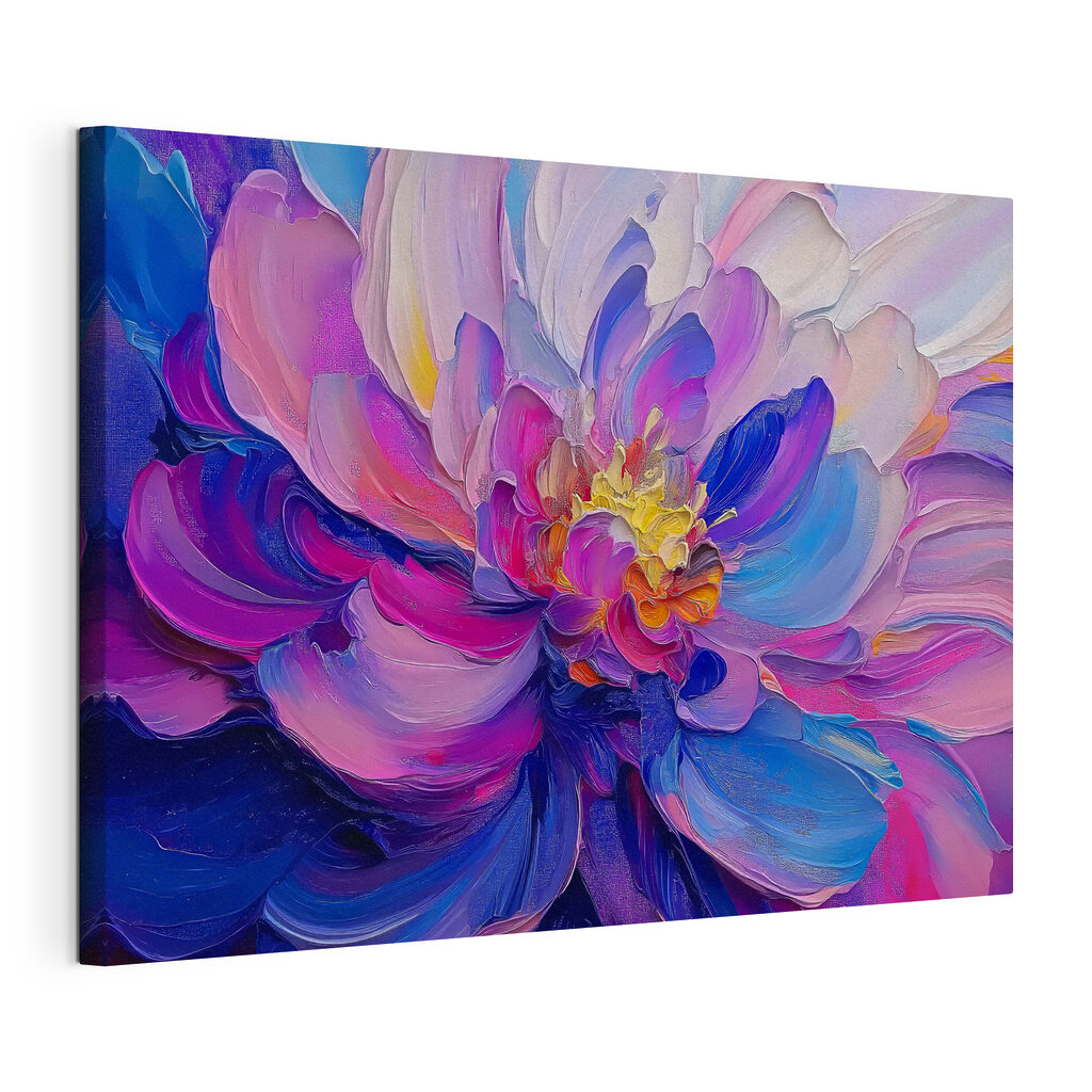 Pivoine aux flots violets, toile tendue et bord enveloppé
