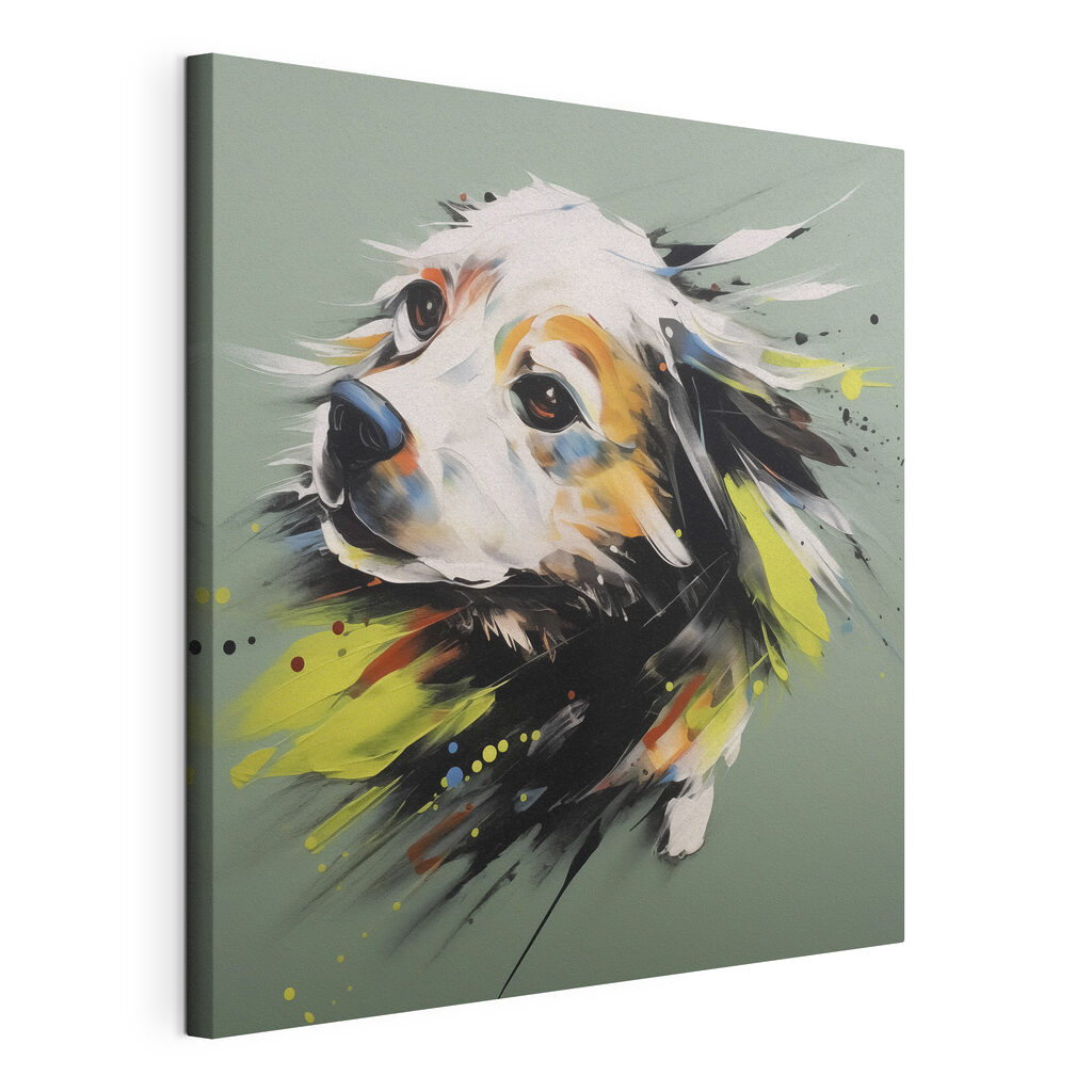 Chien parmi les éclaboussures, toile tendue et bord enveloppé