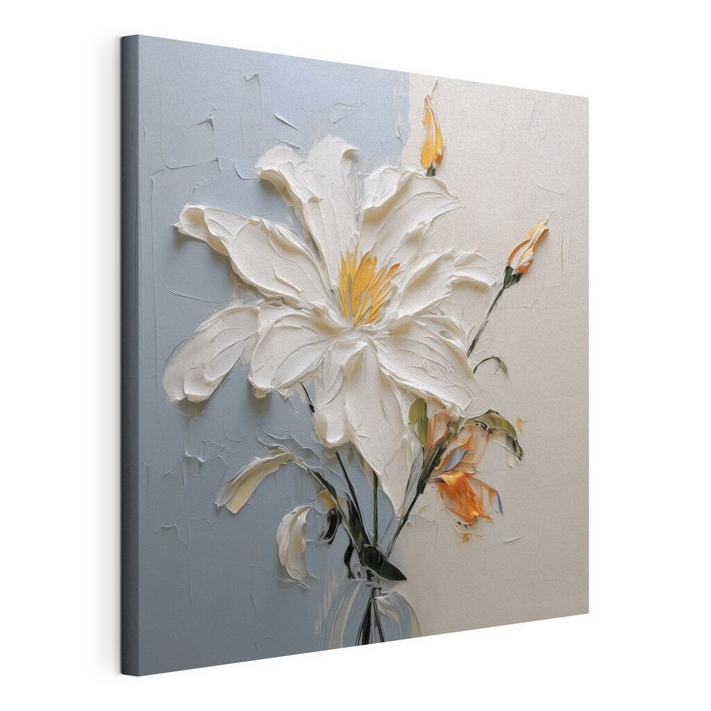 Floraison aux tons froids, toile tendue et bord enveloppé