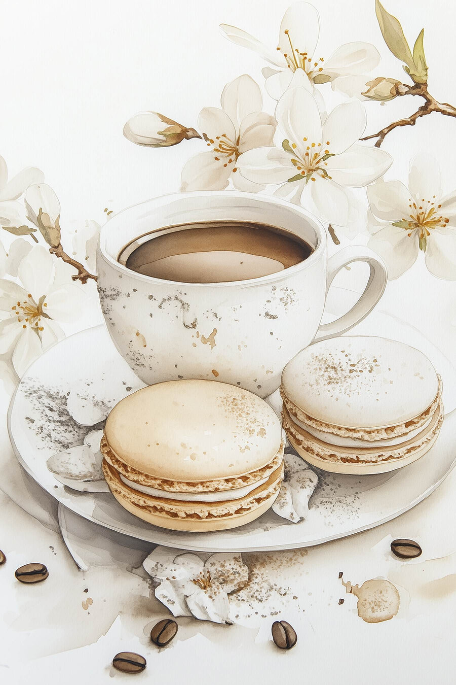 Fleurs blanches et café — motif complet