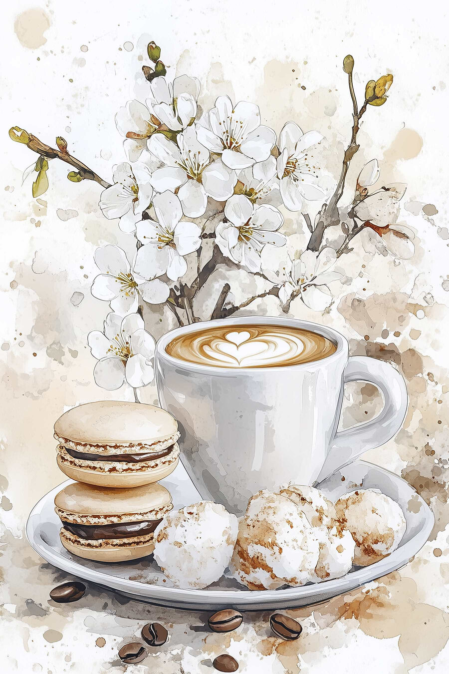 Cappuccino et fleurs blanches — motif complet